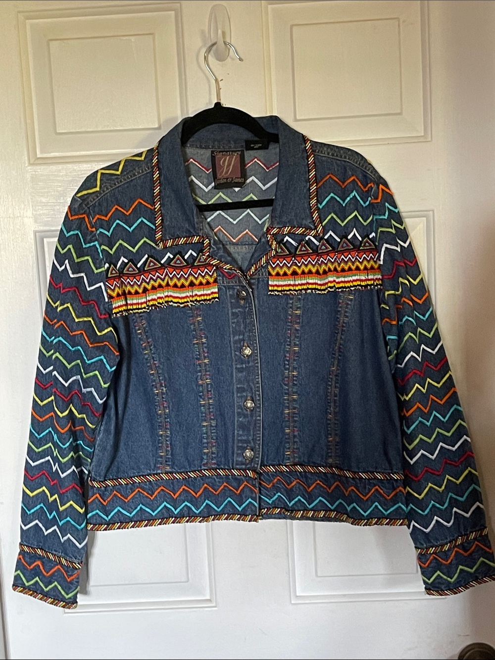 Gordon & James Signature Beaded Denim 
Jacket. Multi Colored 
Size Large